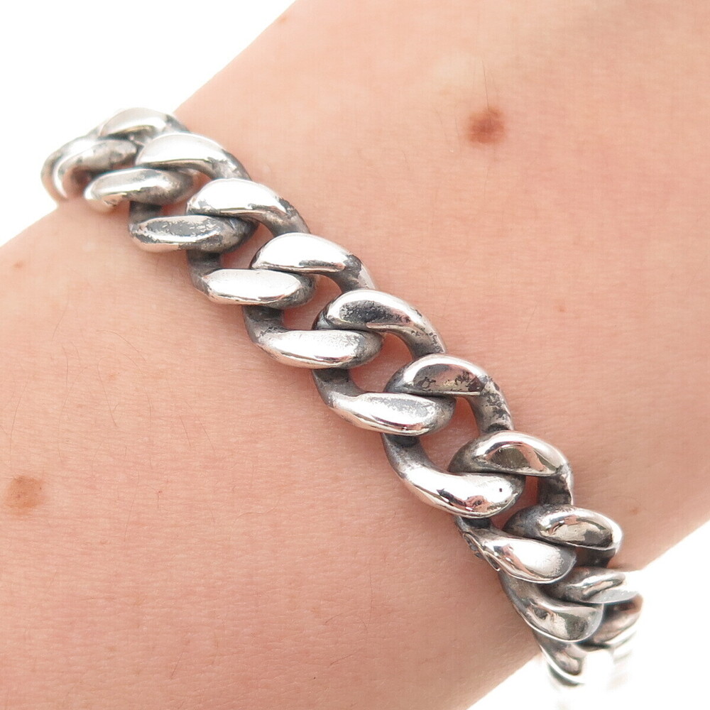 900 Silver Vintage Cuban Link Oxidized Bracelet 7"